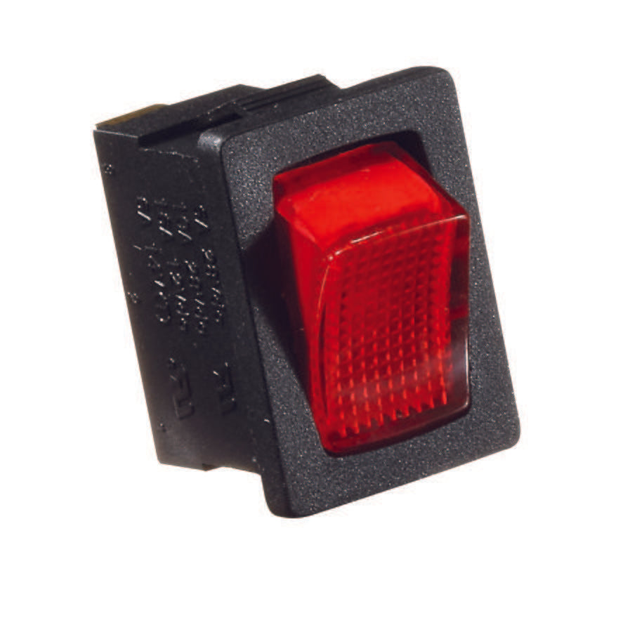 Black w/Red Rocker Switch, 20 A, Illuminated Rocker On/Off - SPST - Cut-out .519" x .756" to .779"