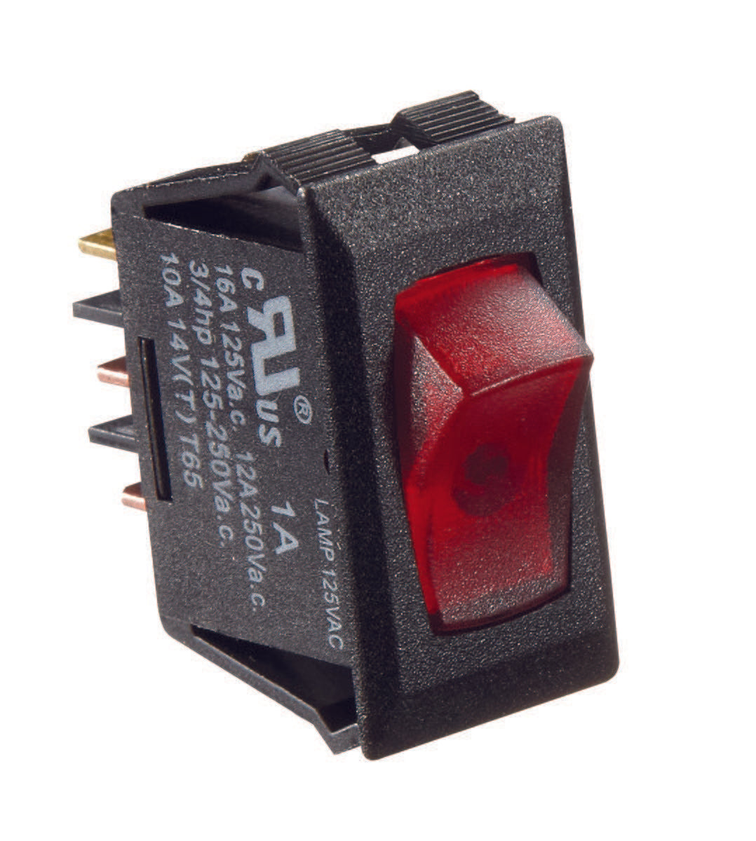 Black w/Red Rocker Switch, 125 VAC, Illuminated On/Off - SPST - Cut-Out .550" x 1.125"