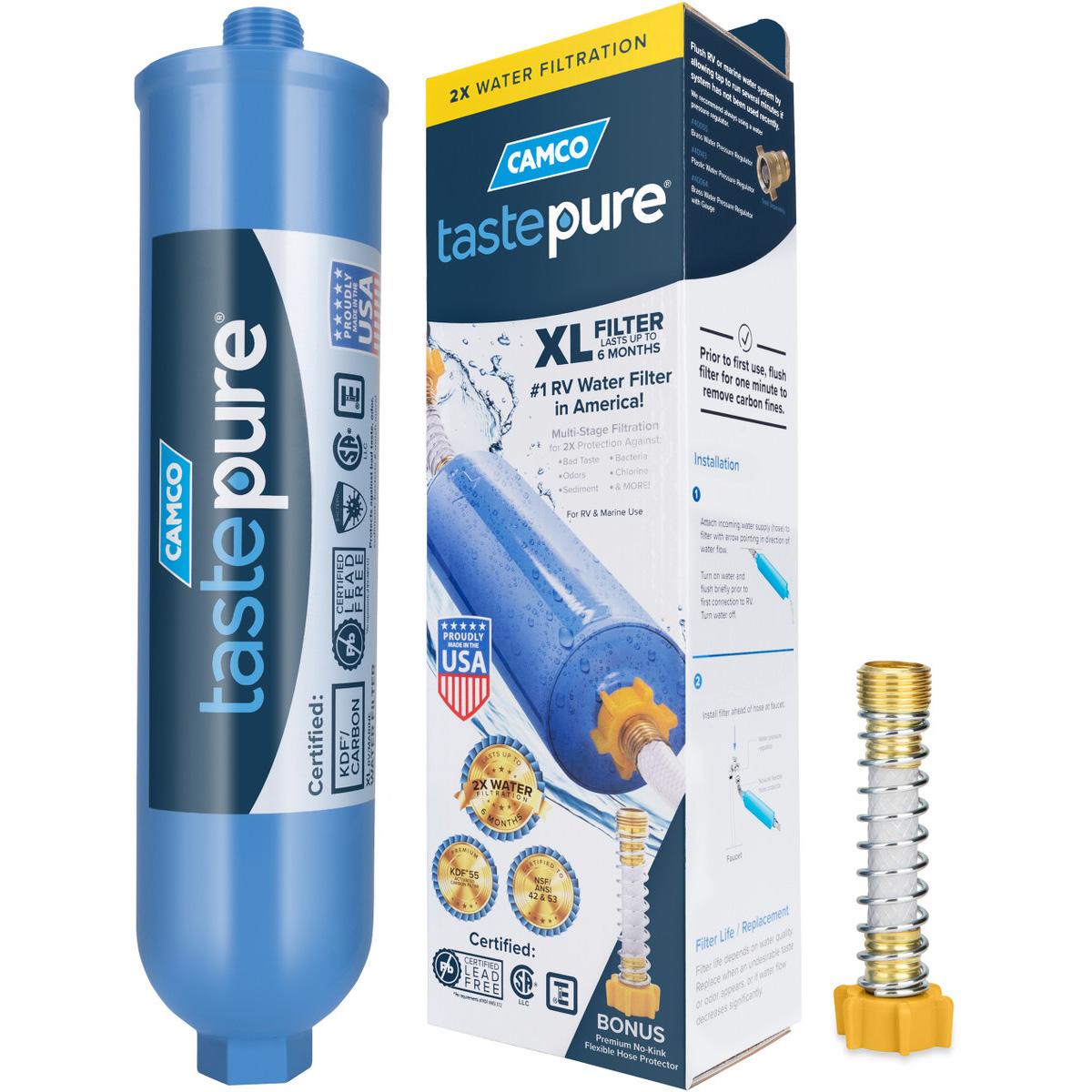 Camco TastePure XL RV/Marine Inline Water Filter with Flexible Hose Protector