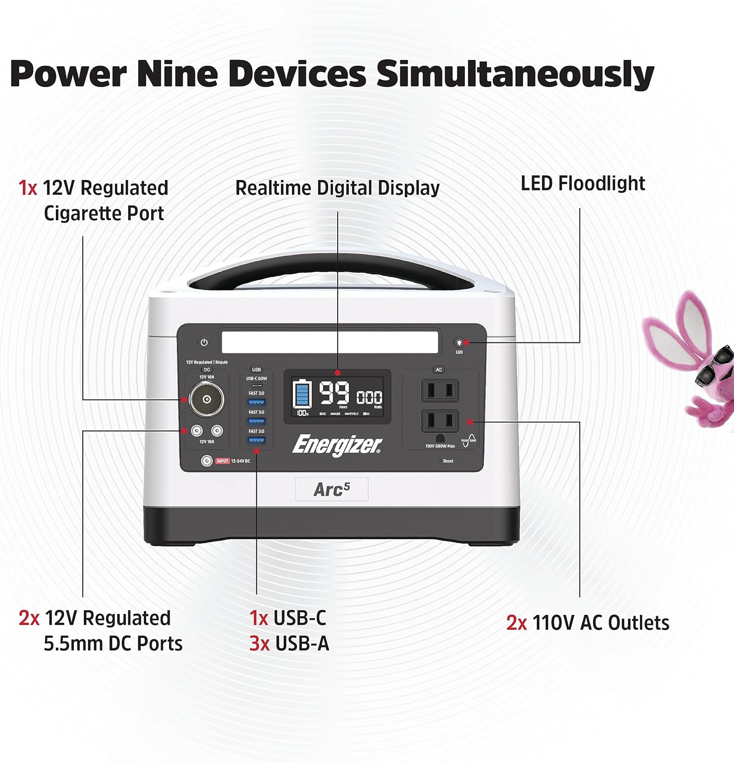Energizer Arc5 LiFePO4 Portable Power Station with 9 Output Ports, 537.6Wh, 500W